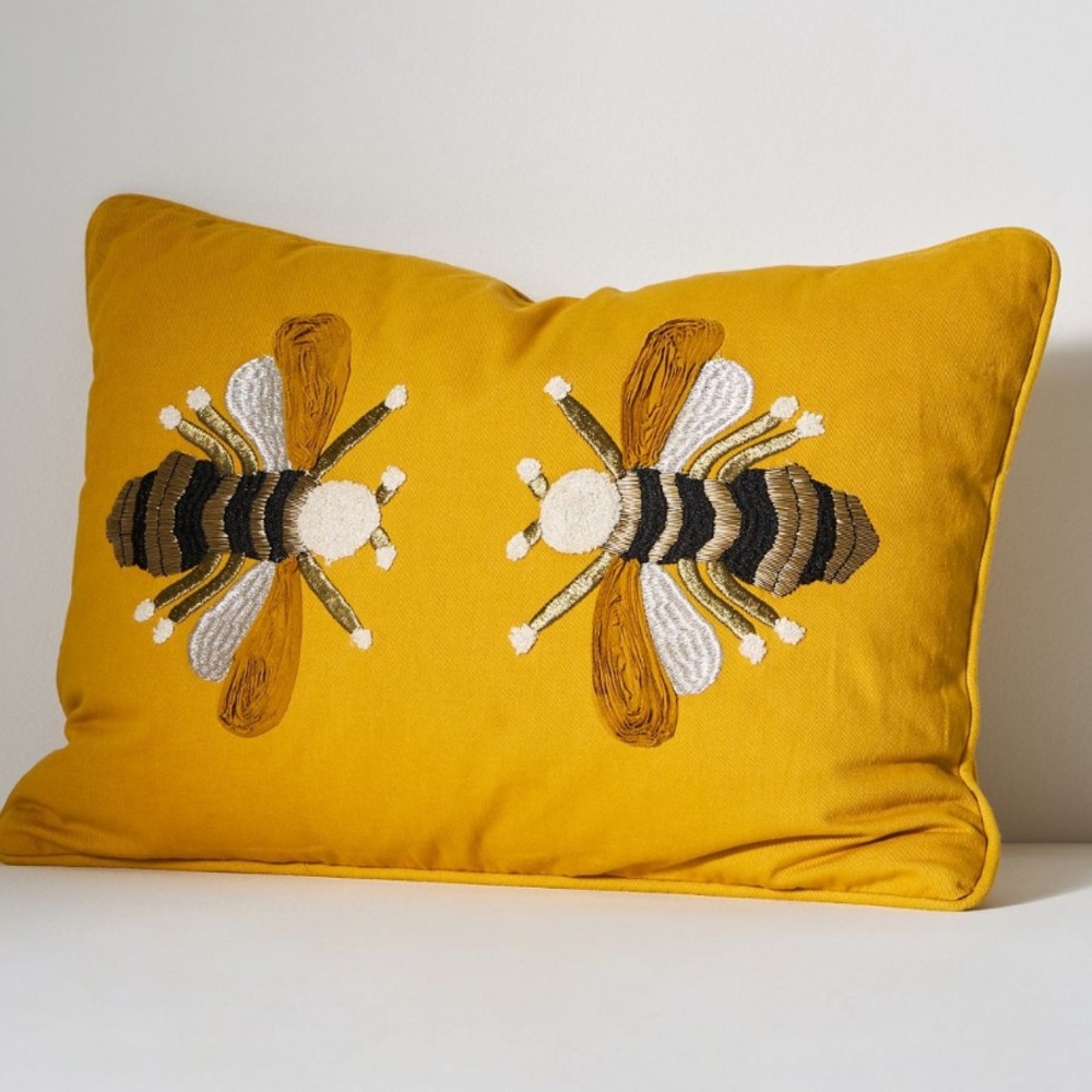 NWT Anthropologie “Sold Out” Mirabelle Beautiful Yellow Bee Embroidered Pillow